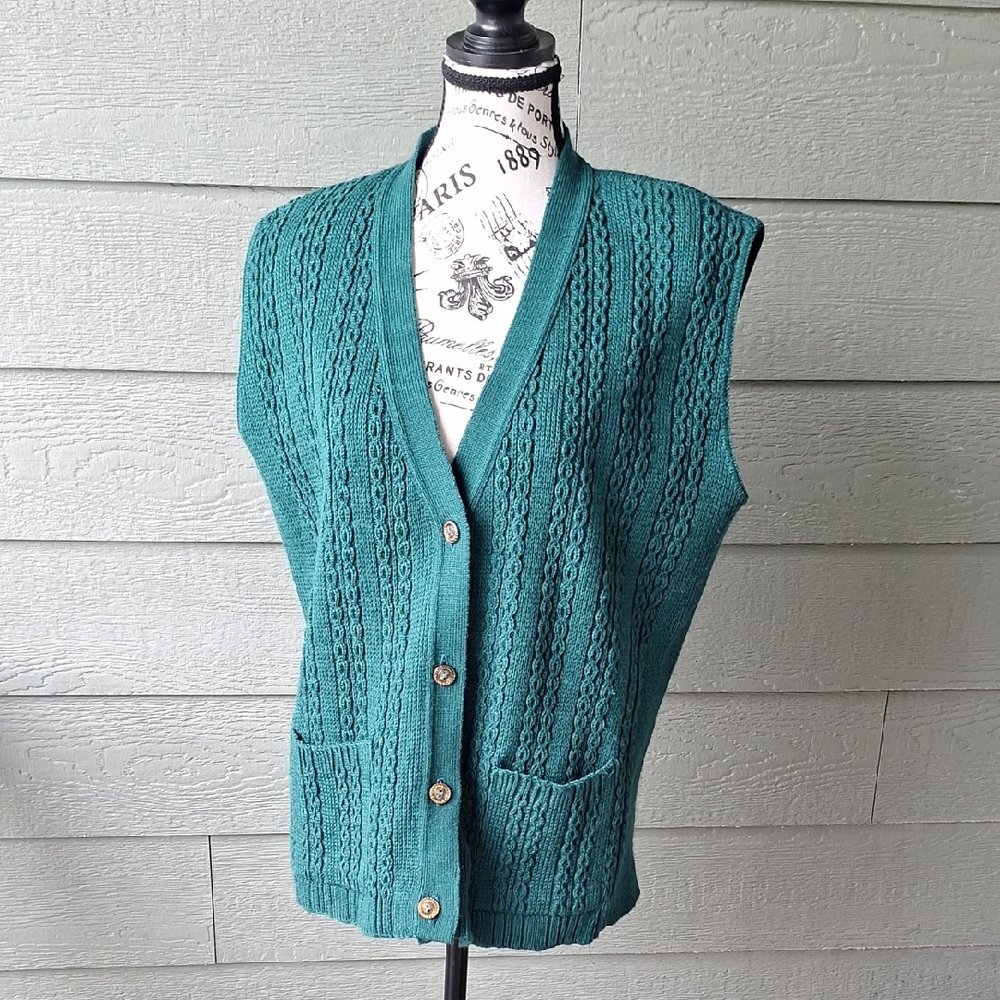 Vintage Carriage Court Forest Green Cableknit Button-front Sweater Vest Size M